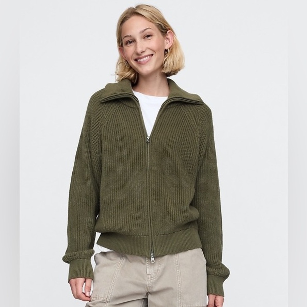 NWT! GAP Shaker-Stitch Zip Cardigan in Olive Green - Small Petite